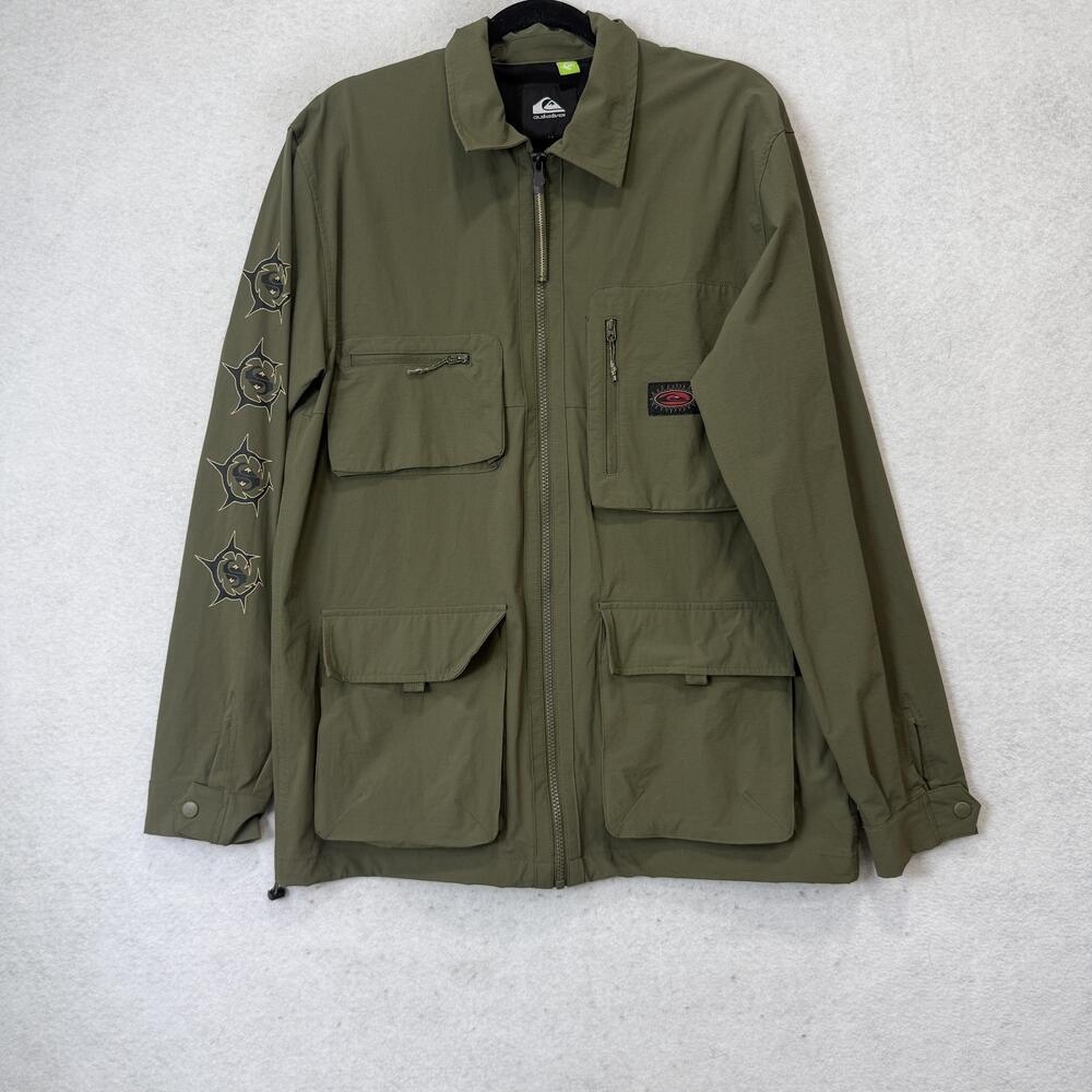 Quiksilver Jacket Mens Medium Green Nylon Windbreaker Full Zip Pockets Outdoor